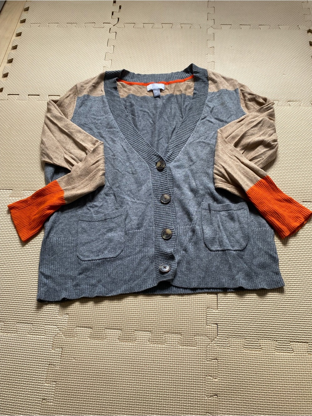JCP Womens Colorblock V-Neck Button Cardigan Sweater - Gray/Tan/Orange Size XL